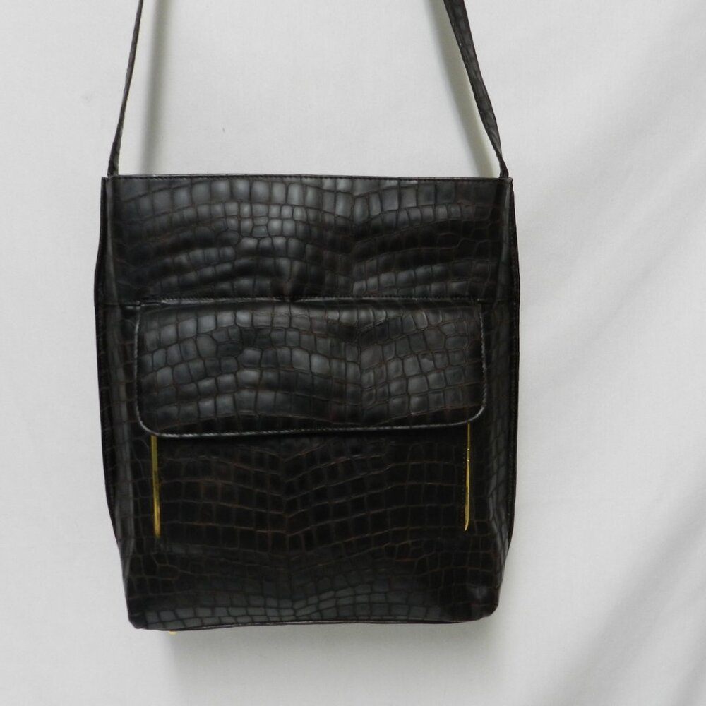 Rodo Vintage Croc embossed Leather shoulder handbag Purse brown outside pockets